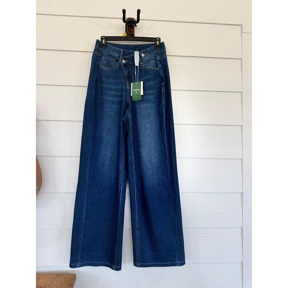 D- 1- Halara Flex Denim Wide Leg Crossover Waist Jeans Dark Wash Small NWT